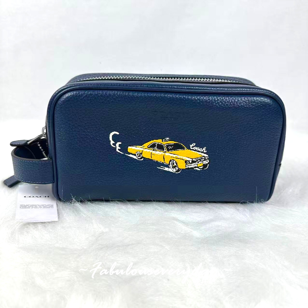 Coach Small Travel Kit With Car Print Leather/Silver/Deep Blue Multi CEK63 NWT